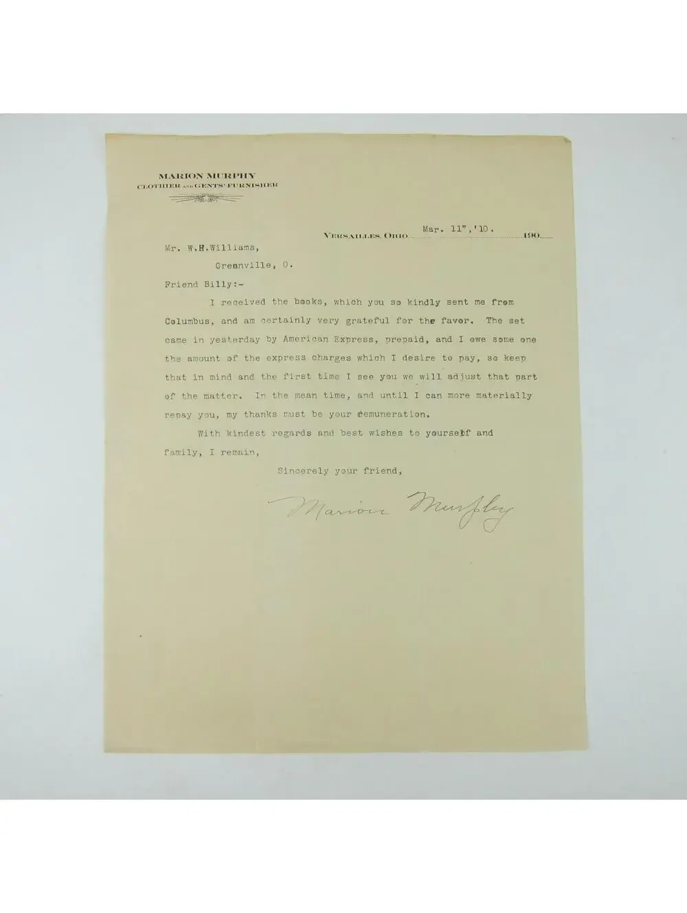 Letterhead Marion Murphy Clothier Versailles Ohio to W.H. Williams Antique 1910